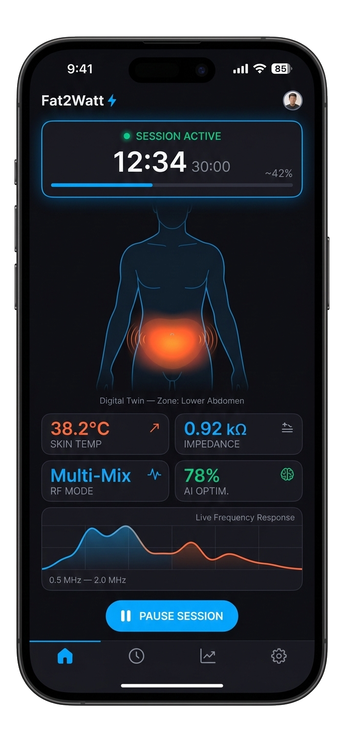 Fat2Watt companion app — Digital Twin dashboard showing real-time session monitoring with skin temperature, impedance, RF mode, and AI optimization metrics