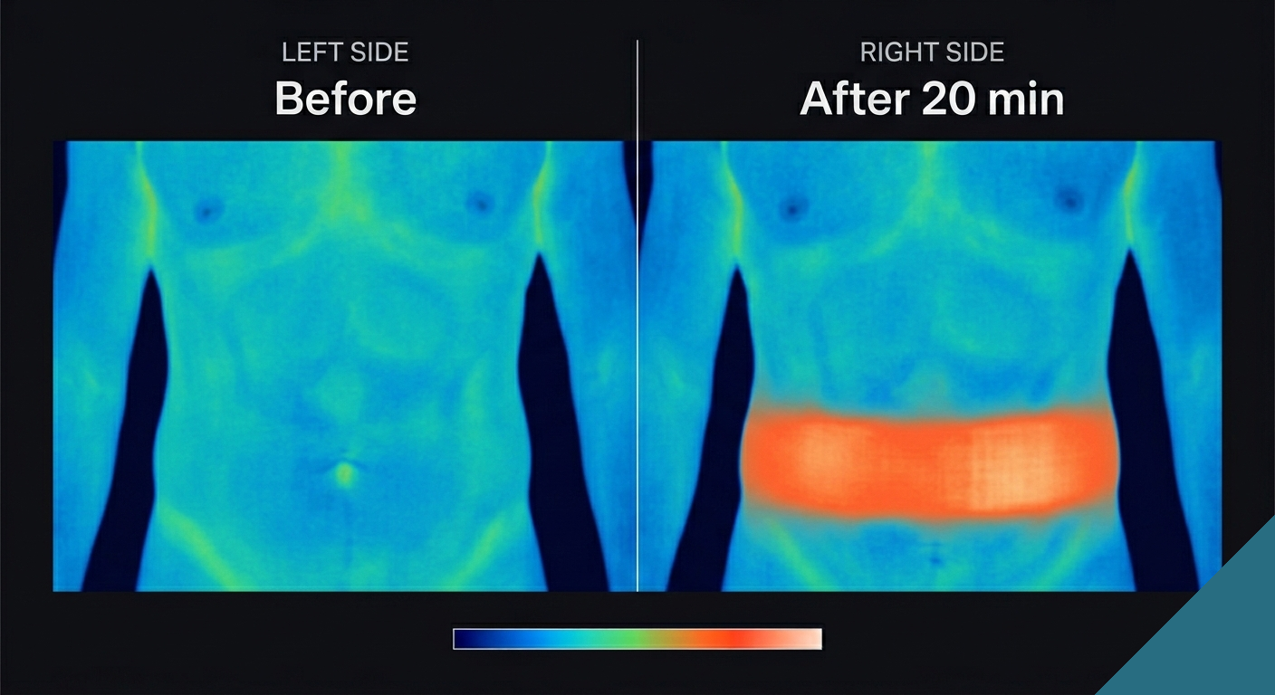 Thermal imaging comparison — before and after 20 minutes of RF body contouring showing controlled heating in the lower abdomen area